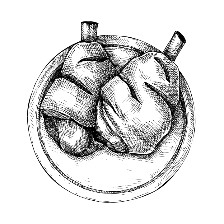 Ham hocks on plate drawing. German food sketch. Oktoberfest menu design element. Hand drawn fast food illustration for Octoberfest. Traditional German cuisine sketch. Pork knuckle in engraved style